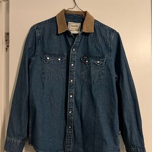 Howler Brothers Blue Denim Button Down Shirt with Tan Collar